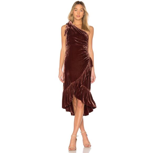 Ulla Johnson x Revolve 2 Elisa Velvet Ruffle Midi Dress One Shoulder Bow Brown - Picture 8 of 10
